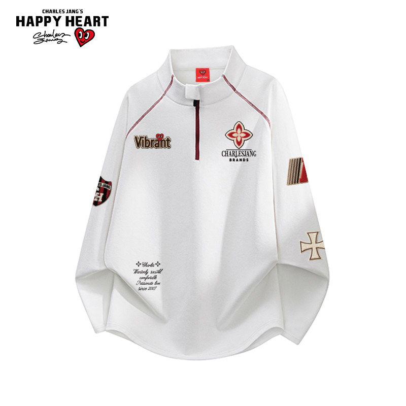 查尔斯桃心美式徽章印花半拉链立领卫衣男春秋季新款运动休闲上衣