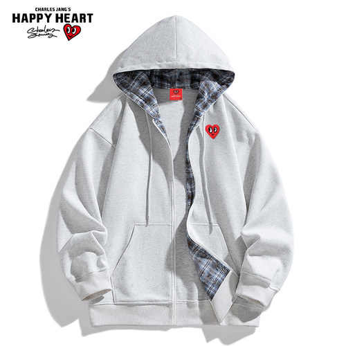 查尔斯桃心格子连帽开衫卫衣