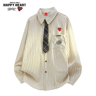 衬衫 查尔斯桃心 饰翻领长袖 条纹领带装 宽松休闲男女上衣 美式