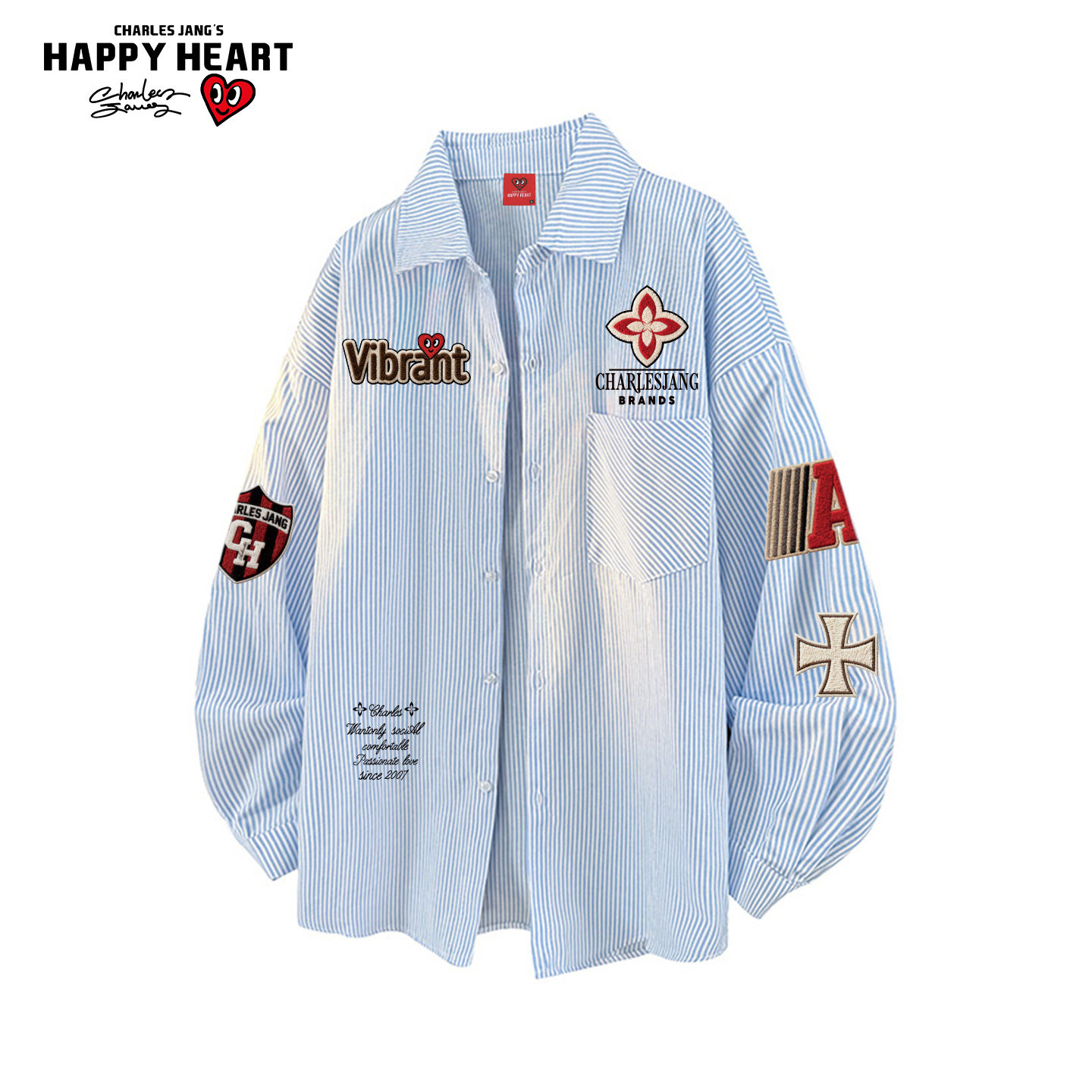 查尔斯桃心美式印花长袖衬衫男女春秋高级感百搭潮流条纹翻领衬衣