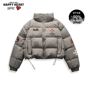 查尔斯桃心美式徽章印花90羽绒服男冬季保暖防寒休闲短款外套女潮