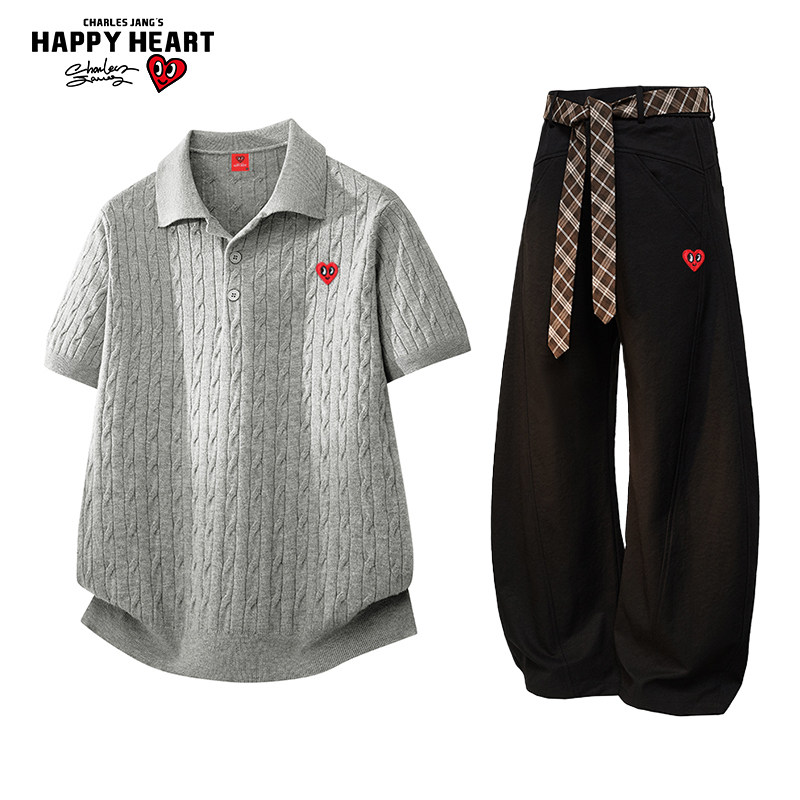 查尔斯桃心休闲套装男女夏季2026新款百搭短袖麻花polo衫弯刀裤子