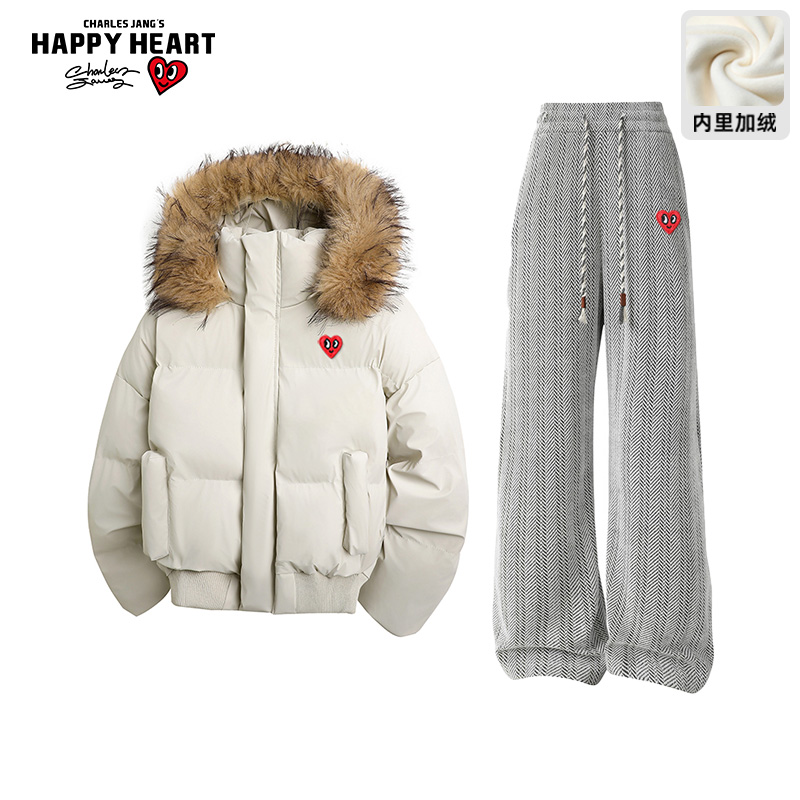 查尔斯桃心毛领连帽休闲套装男