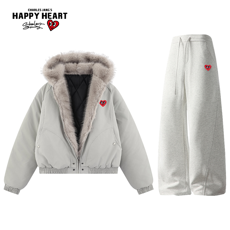 查尔斯桃心座山雕棉服休闲套装男