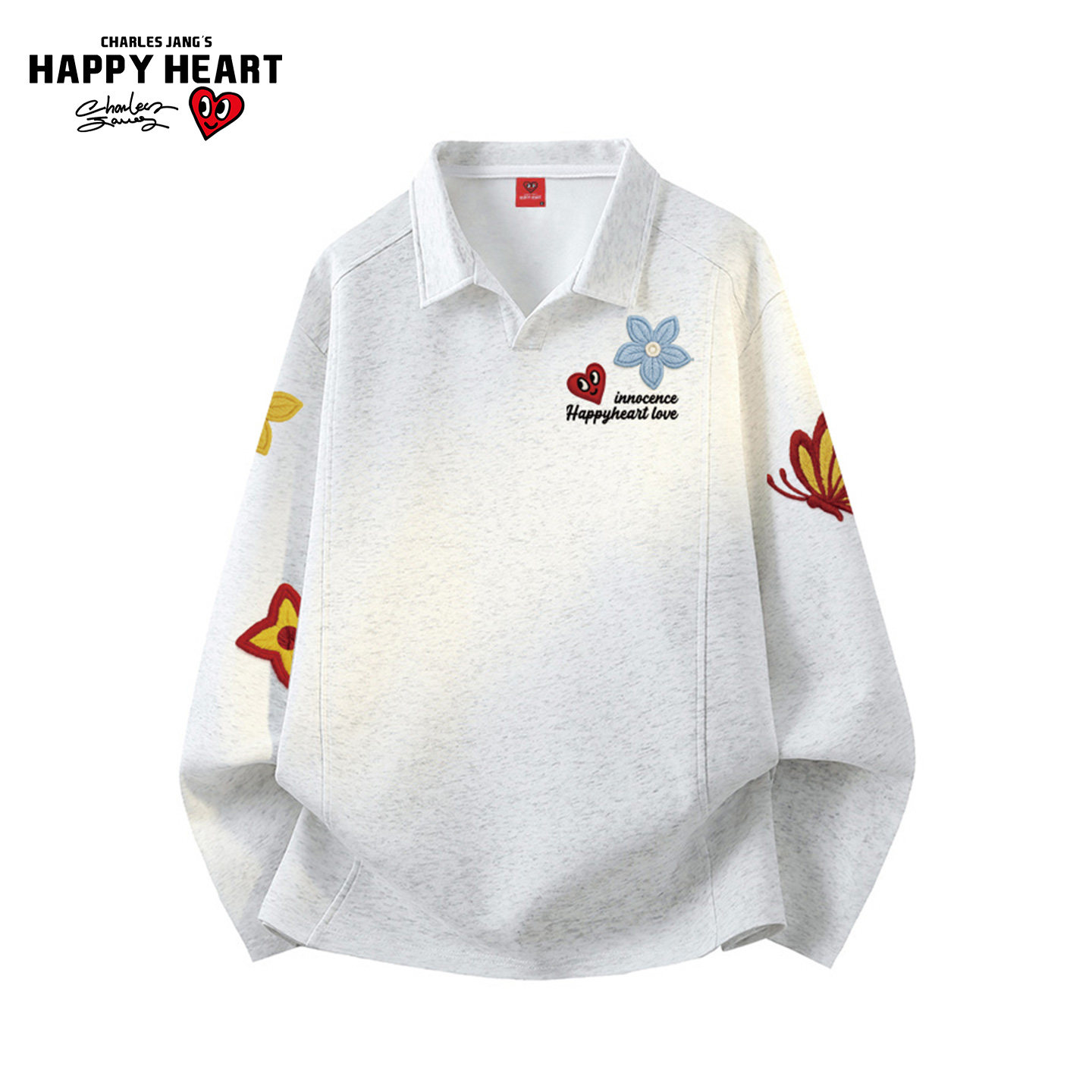 查尔斯桃心美式潮流时尚花卉印花长袖Polo衫男女情侣宽松百搭上衣