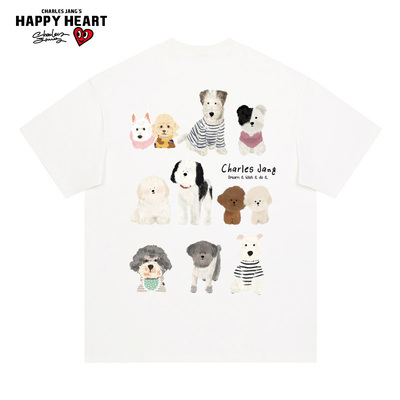 查尔斯桃心 可爱小狗动漫印花2025年夏季圆领纯棉休闲短袖t恤男