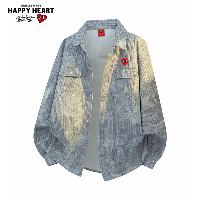 查尔斯桃心美式扎染长袖衬衫男秋季宽松潮流情侣休闲衬衣外套夹克