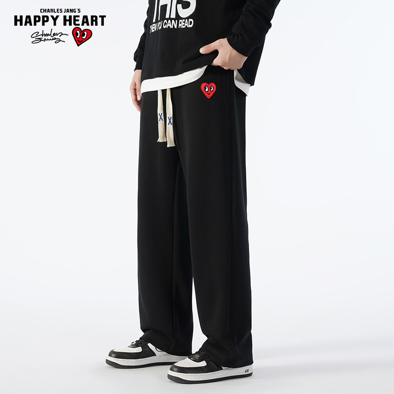 查尔斯桃心 休闲裤男春秋季宽松直筒阔腿抽绳运动垂感卫裤长裤子