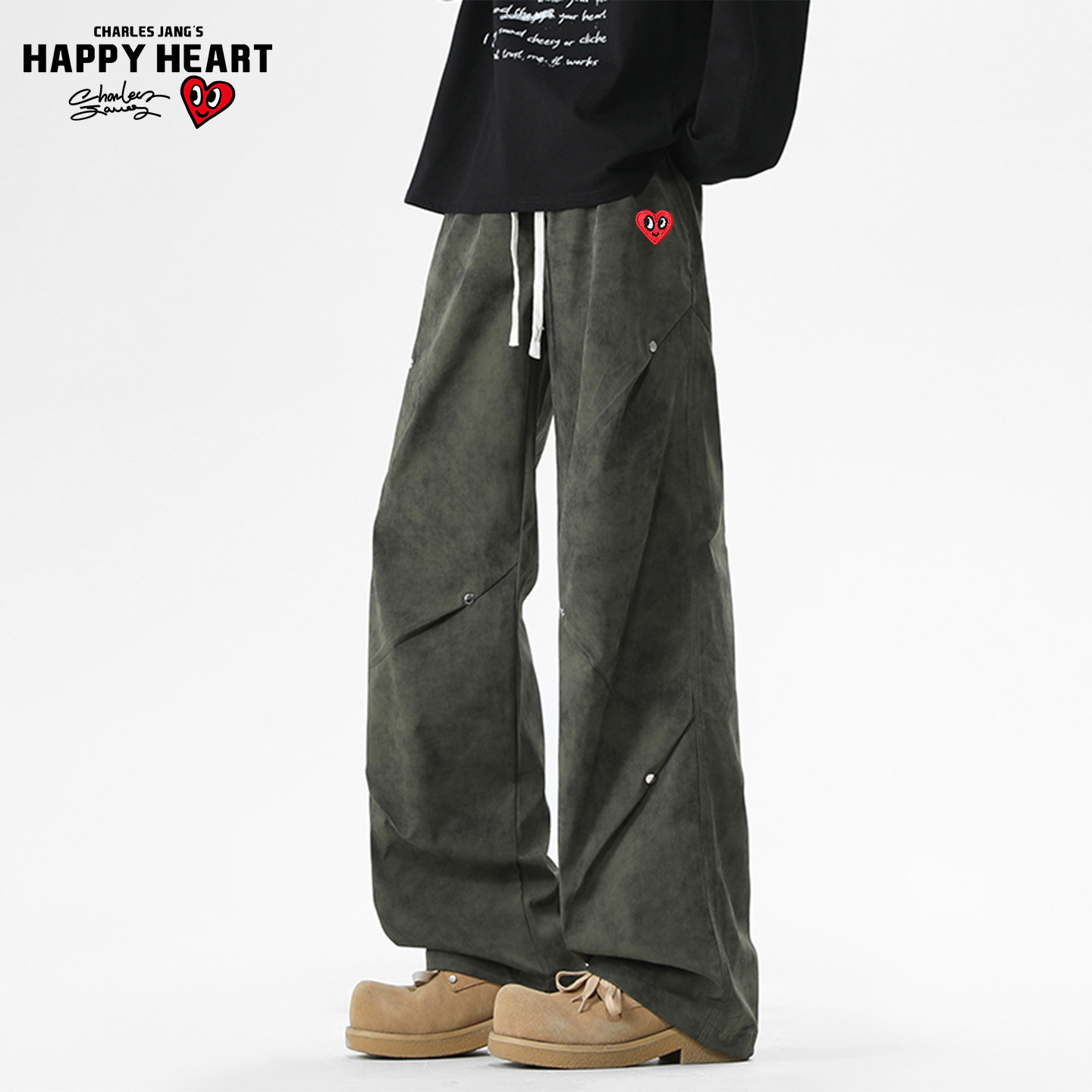 查尔斯桃心美式铆钉褶皱脏脏裤男士秋冬季加绒高街休闲直筒运动裤