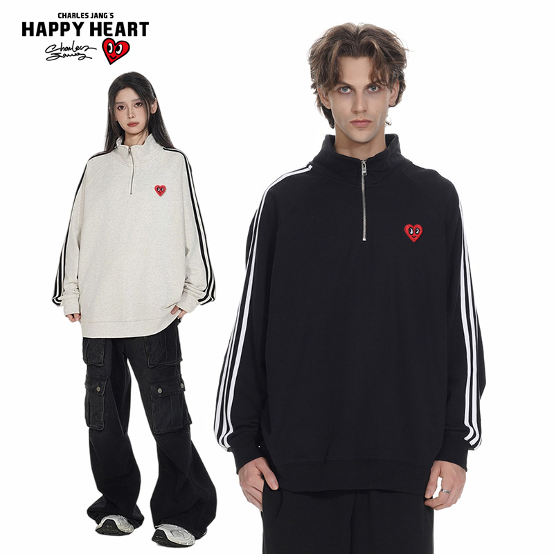 查尔斯桃心美式撞色条纹立领卫衣