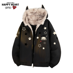 查尔斯桃心猫耳朵毛领座山雕棉衣男冬季 情侣连帽外套 防寒潮牌新款