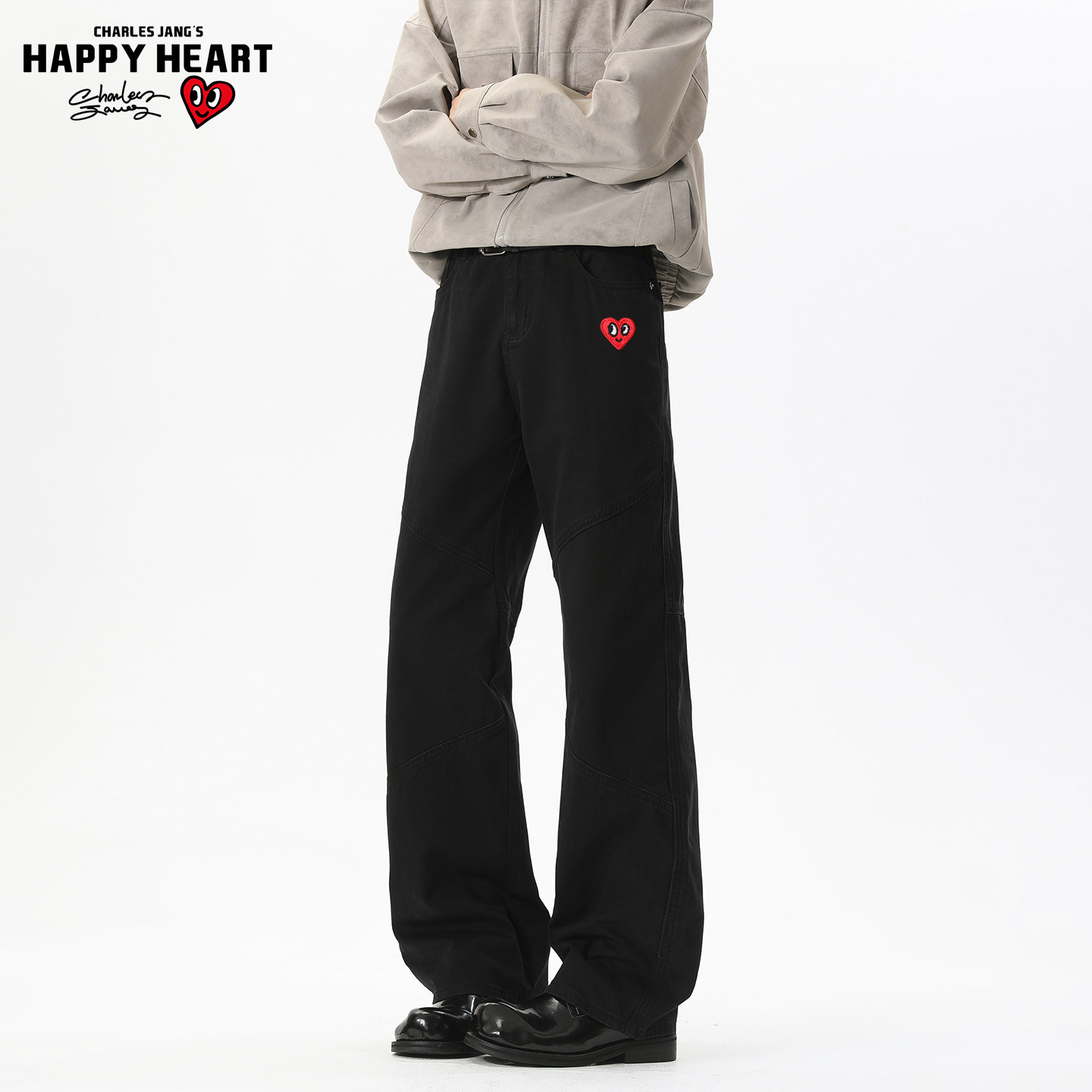 查尔斯桃心美式高街纯棉水洗微喇牛仔裤男春秋冬显高显瘦长裤子