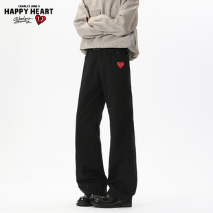 查尔斯桃心美式高街纯棉水洗微喇牛仔裤男春秋冬显高显瘦长裤子