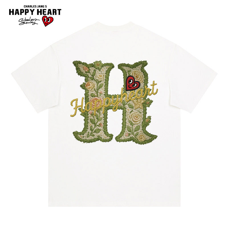 查尔斯桃心 美式花卉仿刺绣印花短袖t恤男夏季纯棉新款圆领半截袖