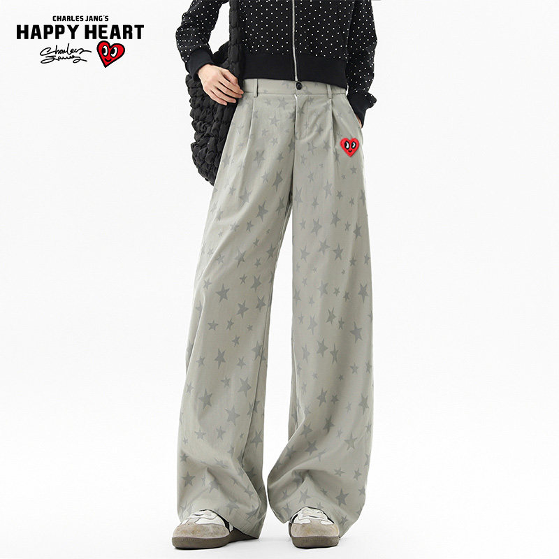 查尔斯桃心裤子男女美式星星满印春秋季宽松阔腿直筒垂感休闲长裤,男装,休闲裤,淘宝优惠券,粉丝福利购,淘宝优惠卷