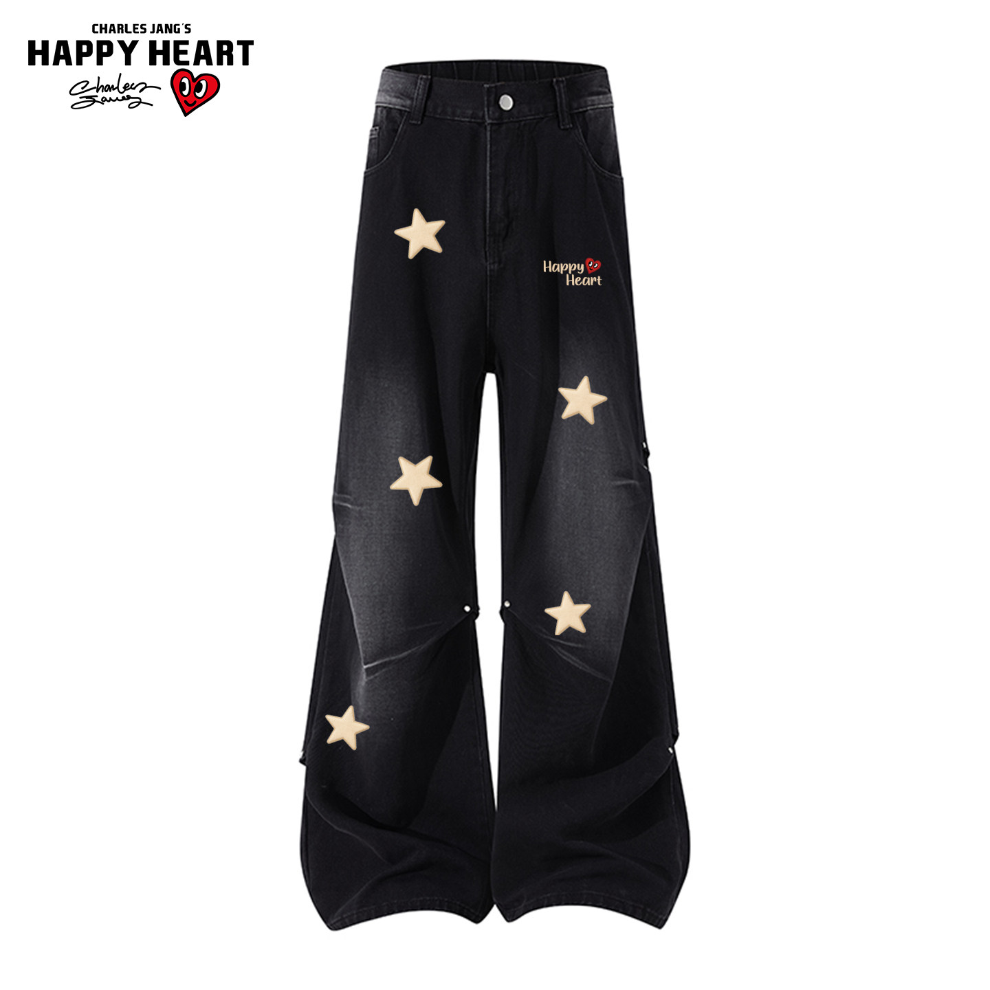 查尔斯桃心 美式星星铆钉褶皱牛仔裤男女款春秋冬季高街直筒长裤