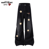 高街直筒长裤 查尔斯桃心 男女款 春秋冬季 美式 星星铆钉褶皱牛仔裤