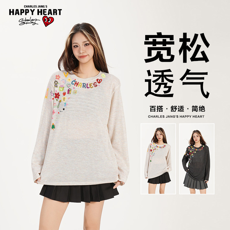 查尔斯桃心辣妹图案印花防晒罩衫上衣男女春秋夏季薄透长袖T恤ins