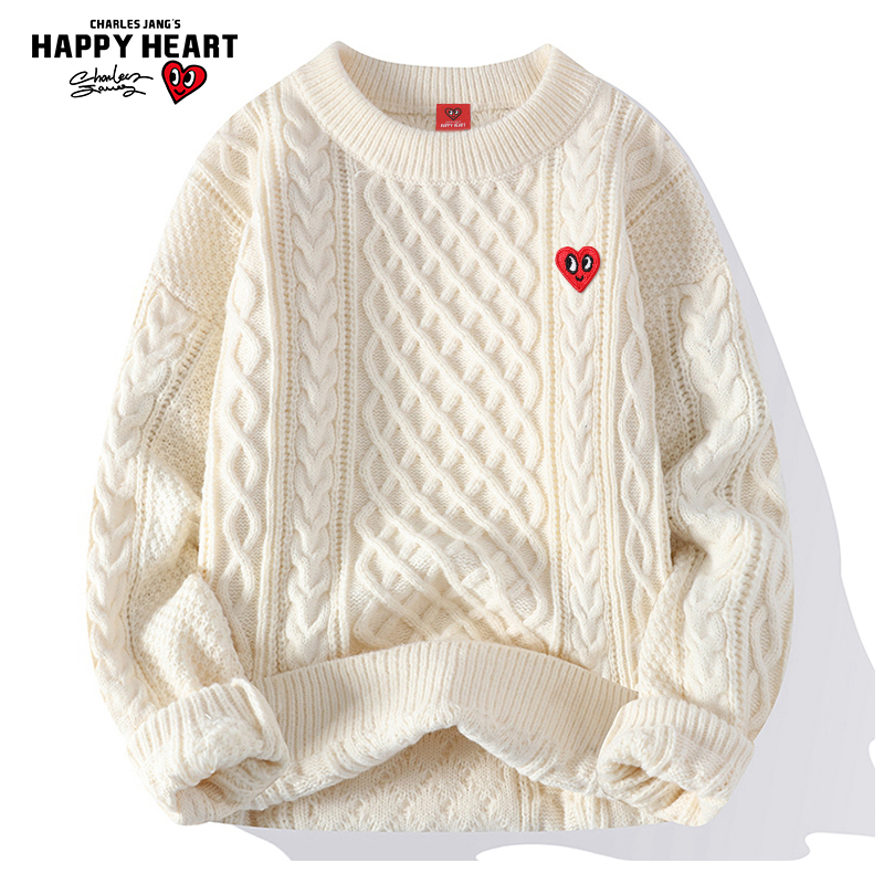 查尔斯桃心 麻花纹圆领毛衣男秋冬季加厚保暖内搭打底衫情侣宽松