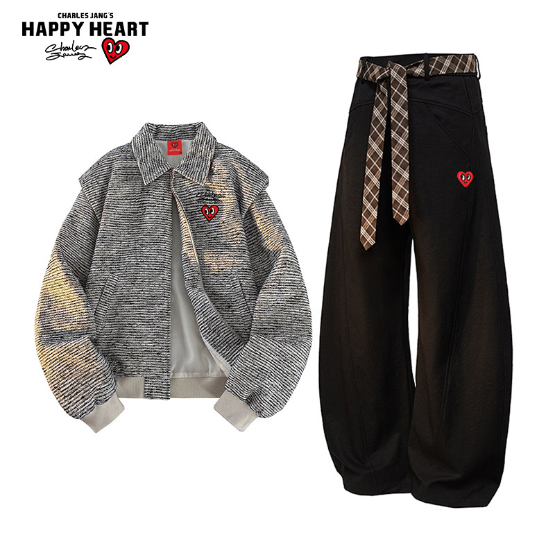 查尔斯桃心休闲套装男女春秋季新款宽松翻领夹克外套直筒弯刀长裤,男装,休闲运动套装,淘宝优惠券,粉丝福利购,淘宝优惠卷