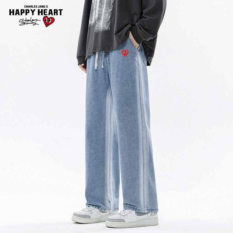查尔斯桃心 侧边磨白牛仔裤男2025新款夏季直筒宽松爱心刺绣长裤