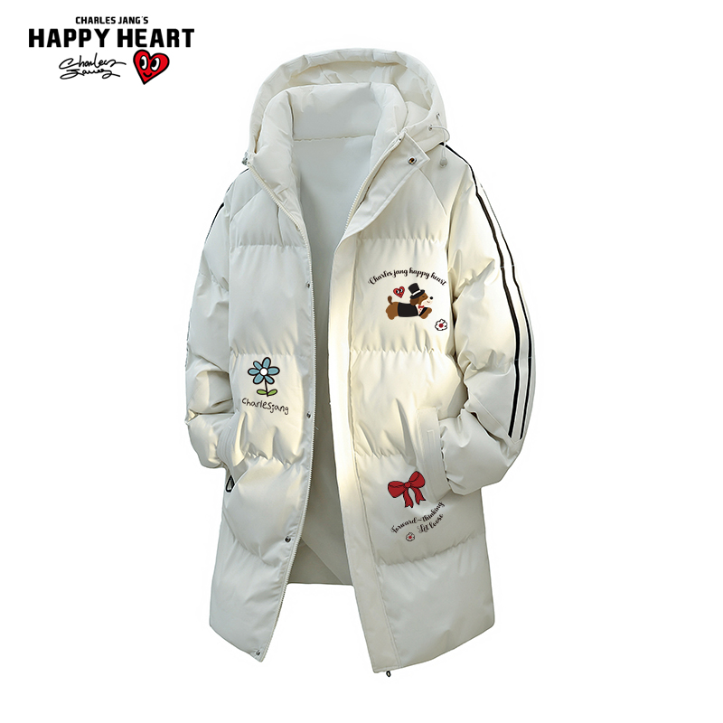 查尔斯桃心 腊肠狗印花中长款棉服男女冬季过膝加厚保暖情侣外套