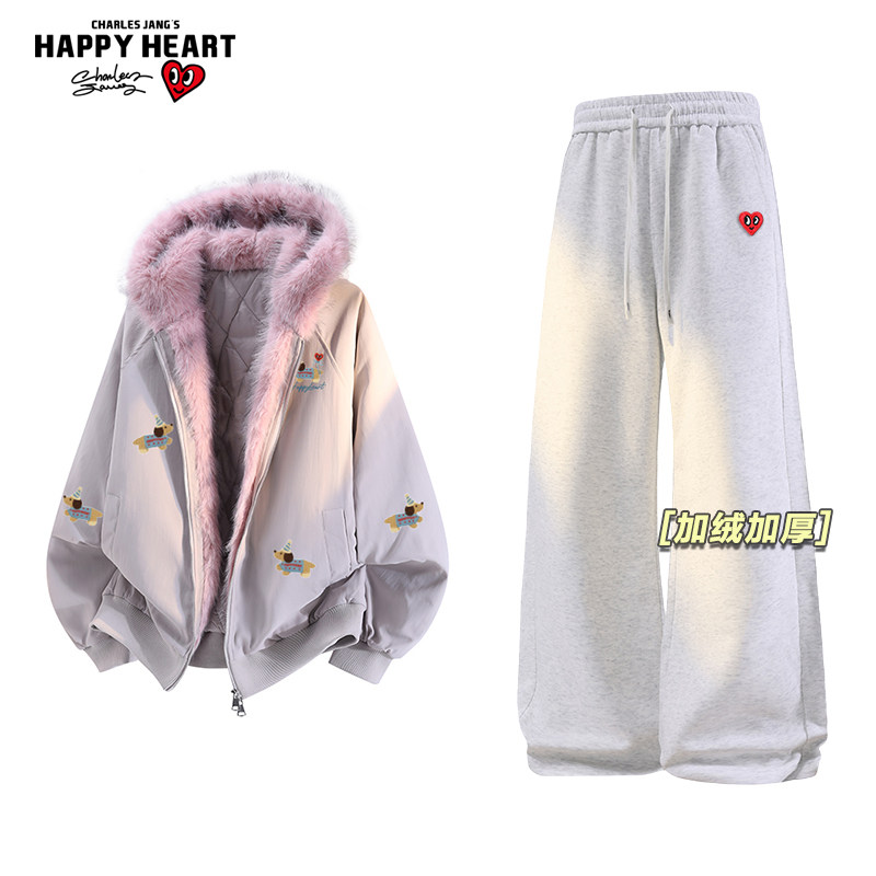 查尔斯桃心休闲套装男女冬季新款百搭座山雕棉服加绒加厚直筒卫裤,男装,休闲运动套装,淘宝优惠券,粉丝福利购,淘宝优惠卷