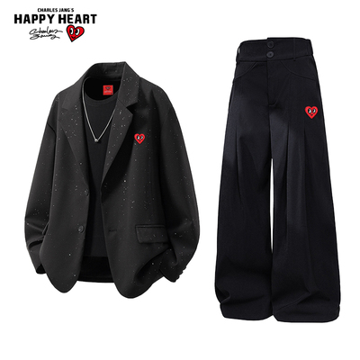 查尔斯桃心高级感满天星西服两件套装男秋季夹克外套宽松直筒长裤