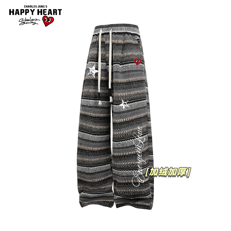 查尔斯桃心星星字母印花条纹加绒加厚休闲长