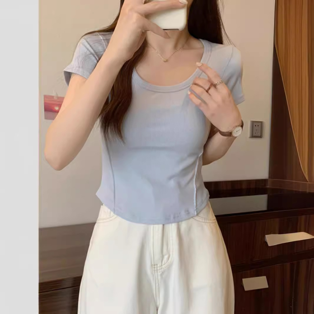 不规则u领短袖t恤女2025夏季新款韩版修身高腰短款学生纯色上衣