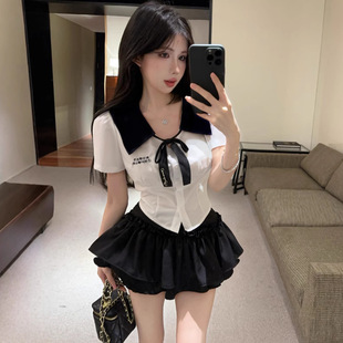 學(xué)院風(fēng)辣妹套裝 jk制服設(shè)計感短袖 襯衫 顯瘦高腰半身裙兩件套 女夏季