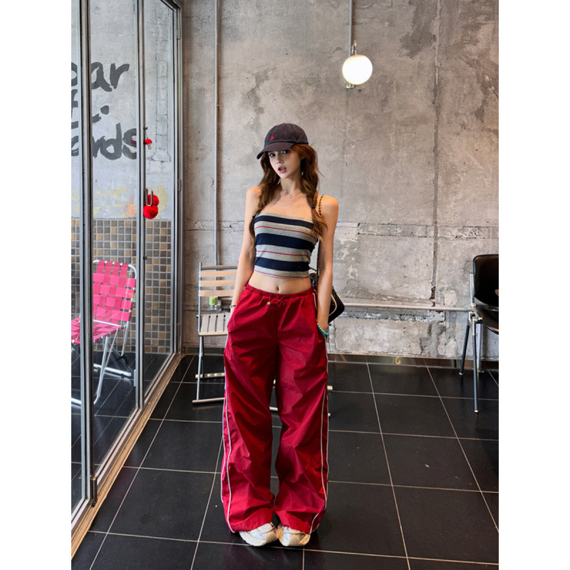 性感抹胸撞色條紋短款上衣+慵懶