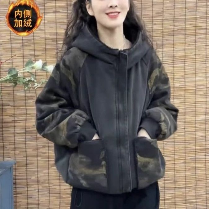 2025年新款冬季加绒加厚牛仔迷彩印花休闲百搭显瘦双面穿棉服