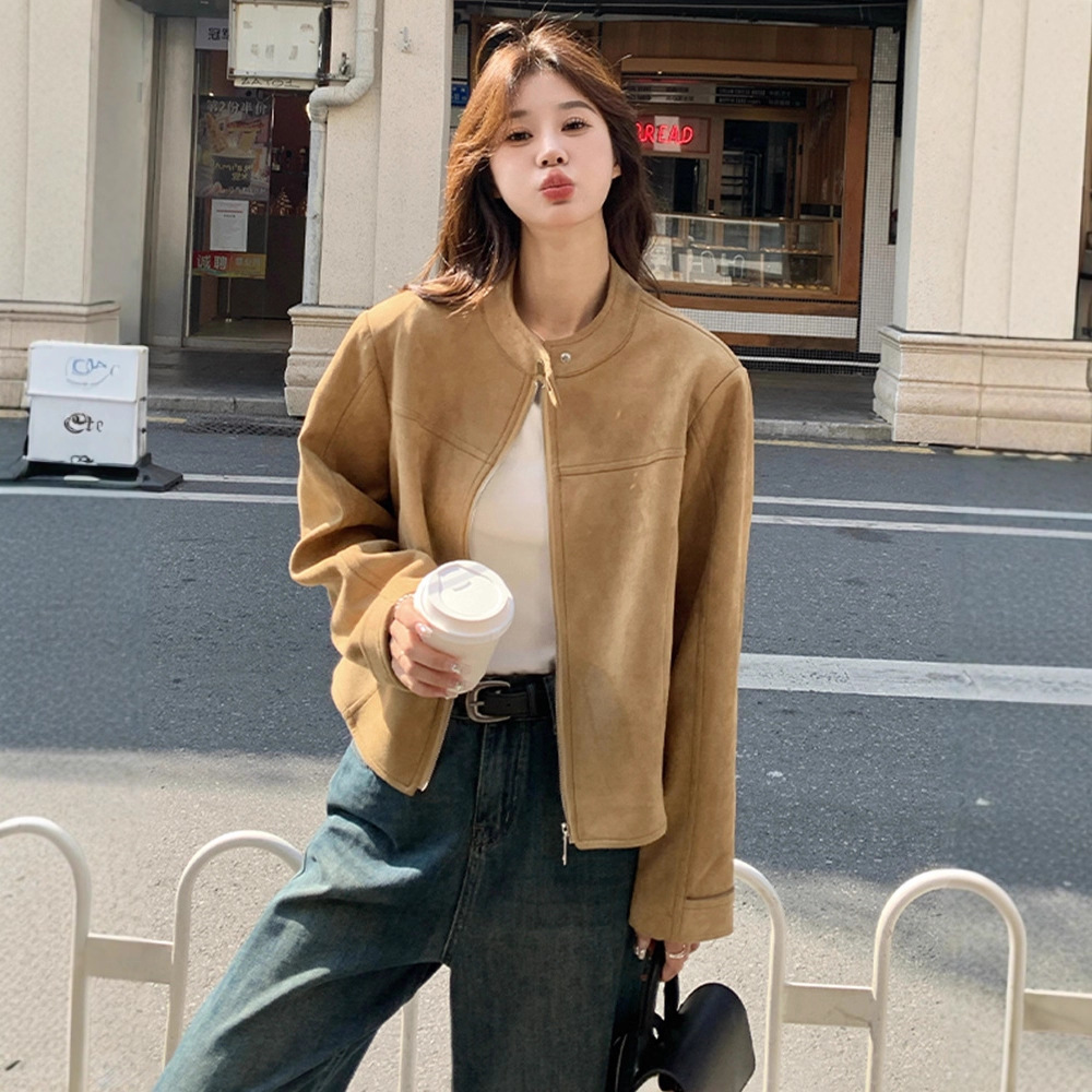 卡其色麂皮绒夹克女短款2025秋季新款韩版复古休闲时尚设计感外套