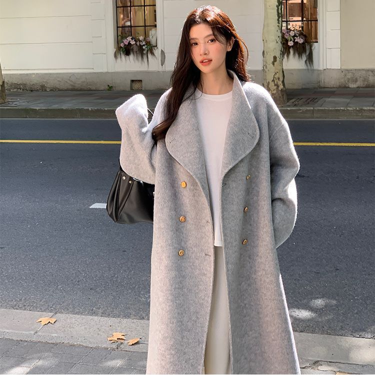 灰色双面呢子大衣2025秋冬新款宽松中长款过膝毛呢外套