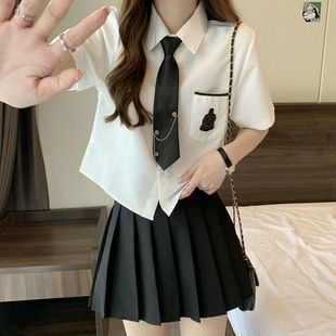 新款 學(xué)院風(fēng)白色短袖 jk制服女襯衫 領(lǐng)帶夏季 上衣短裙 設(shè)計小個子短款