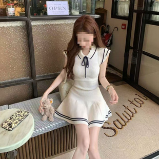 学院海军风软糯针织系带连衣裙女夏季 独特绝美 法式 气质小飞袖