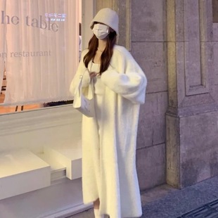 白色水貂绒开衫毛衣中长款宽松慵懒风针织外套女秋冬浴袍外搭