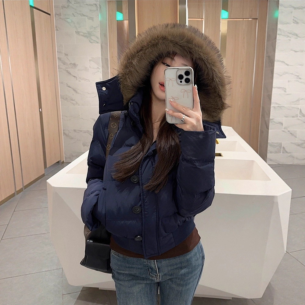 大毛领连帽棉衣派克服短款加厚面包服2025冬夜可拆卸貉子毛领收腰