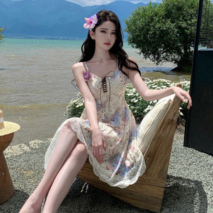 新韓系小眾復古碎花蕾絲花苞玫瑰綁帶氣質吊帶連衣裙Cosplay 夏季