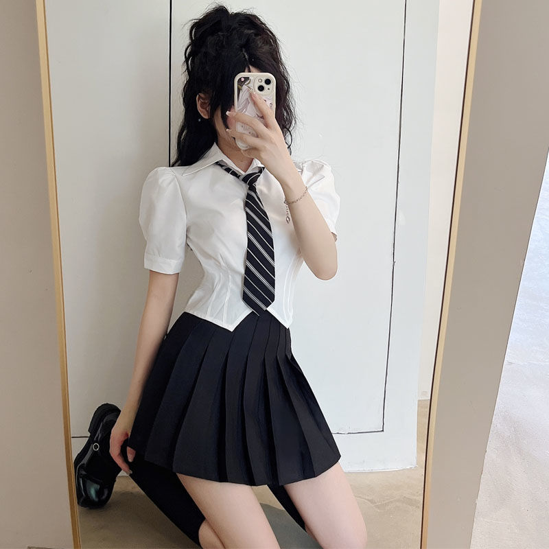 日系jk制服泡泡袖足疗足浴桑拿技师工作服性感百褶裙工衣两件套装