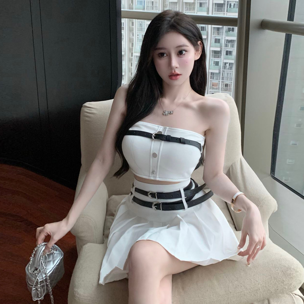 时尚抹胸背心双腰带半身裙套装甜辣妹小个子蕾丝设计感女吊带短裙