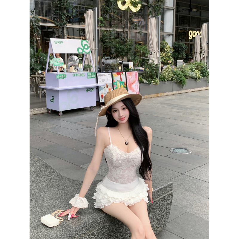 法式純欲蕾絲魚骨吊帶背心多層