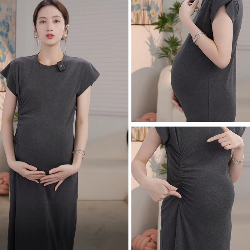 孕妇连衣裙夏季长款时尚辣妈弹力纯棉显瘦修身T恤裙飞飞袖慵懒风