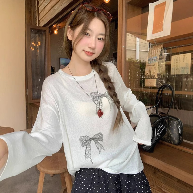 独特结印花长袖t恤女夏季2025新款薄款休闲防晒罩衫慵懒上衣女童