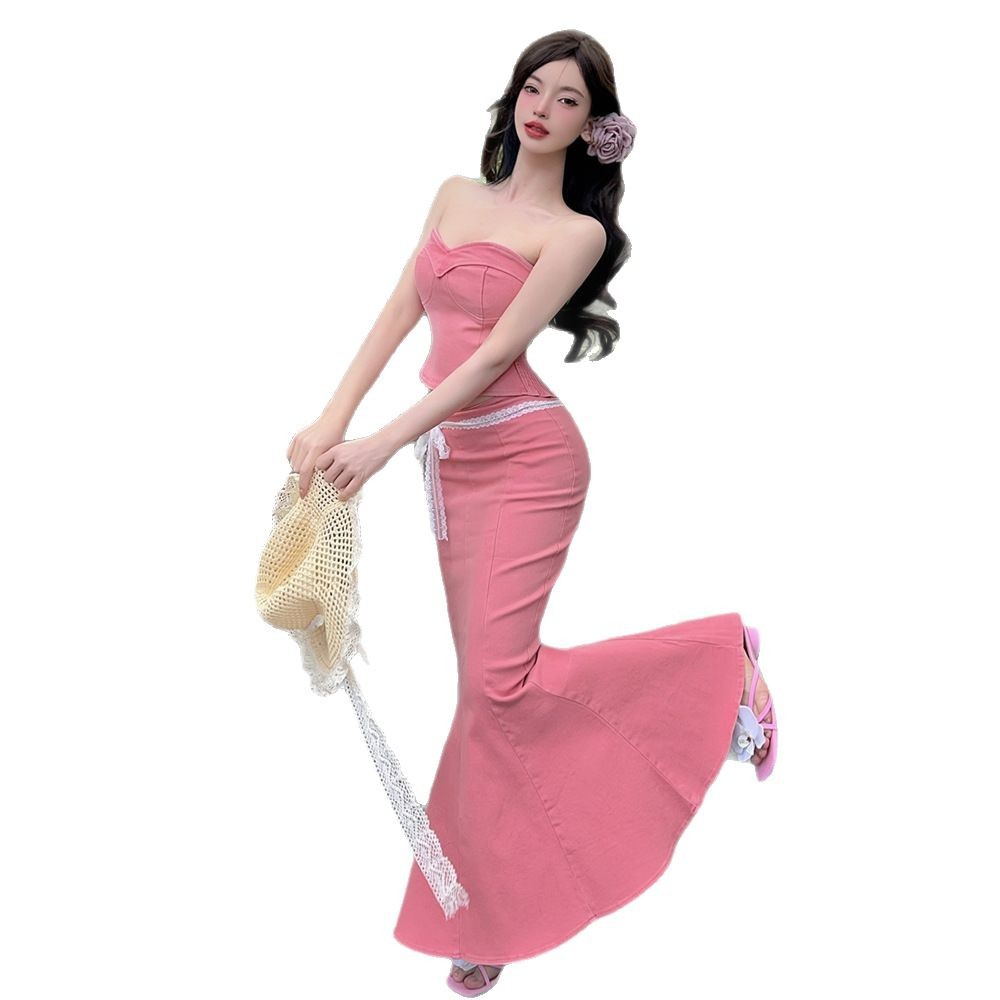 辣妹短款抹胸背心鱼尾半身裙套装高级感时尚少女纯欲风短裙两件套