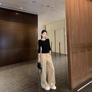 实拍~ 雅痞老钱卡其色休闲长裤女+高智五分中袖针织衫T恤上衣