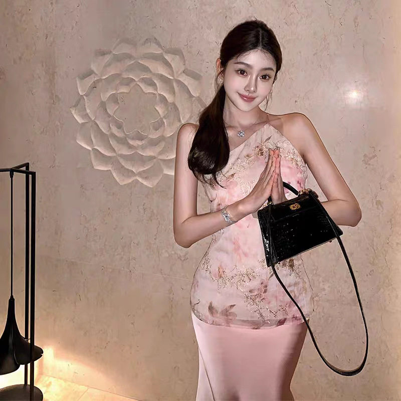 碎花雪纺斜肩吊带背心夏露肩收腰