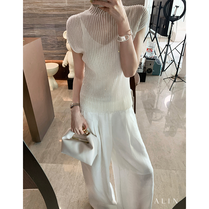 阿琳ALIN【钻影白衫】亮晶晶无袖设计感气质显瘦T恤上衣女AL5FZT1