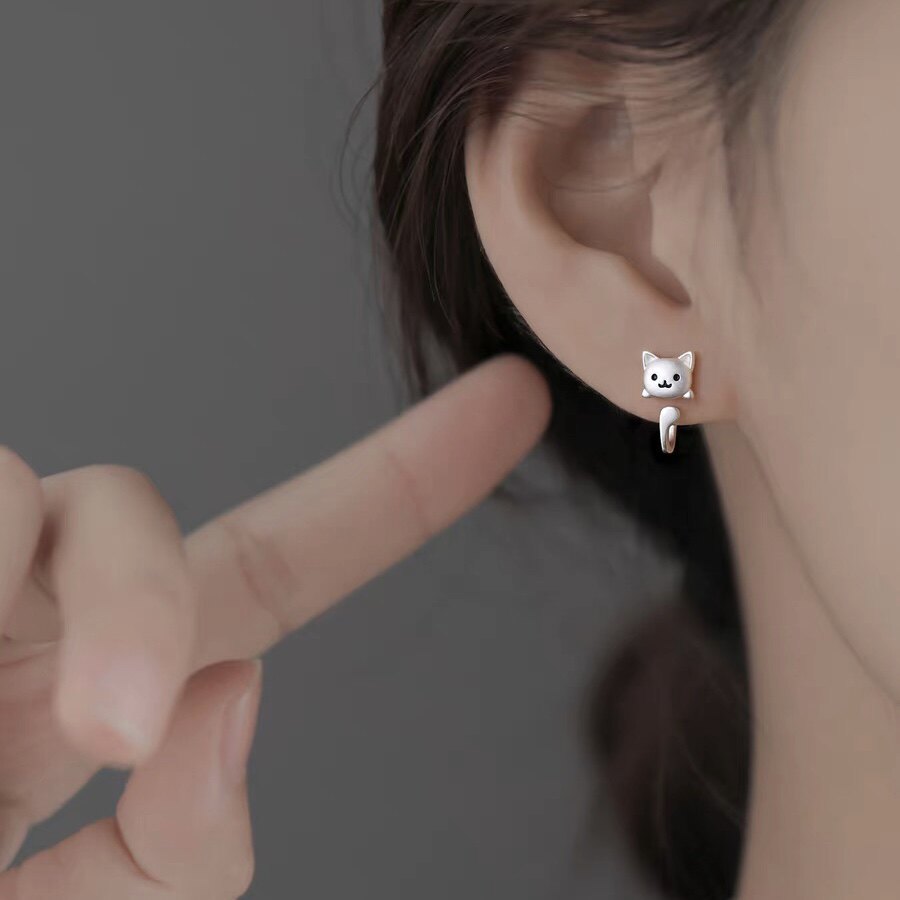 S999足银猫咪耳钉女轻奢设计感后挂式耳环2025年爆款高级养耳银饰